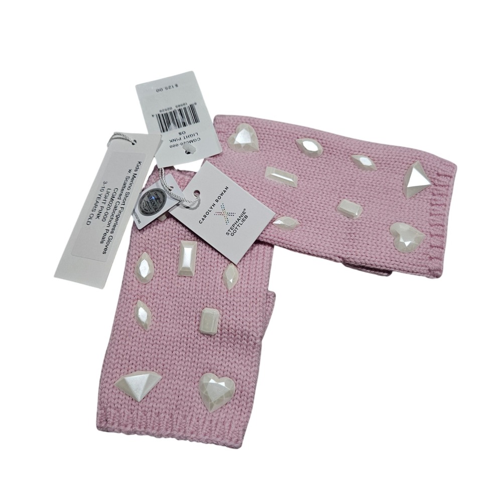 Carolyn Rowan Fingerless Gloves Kids OS Pink Merino Wool Pearl Swarovski Crystal